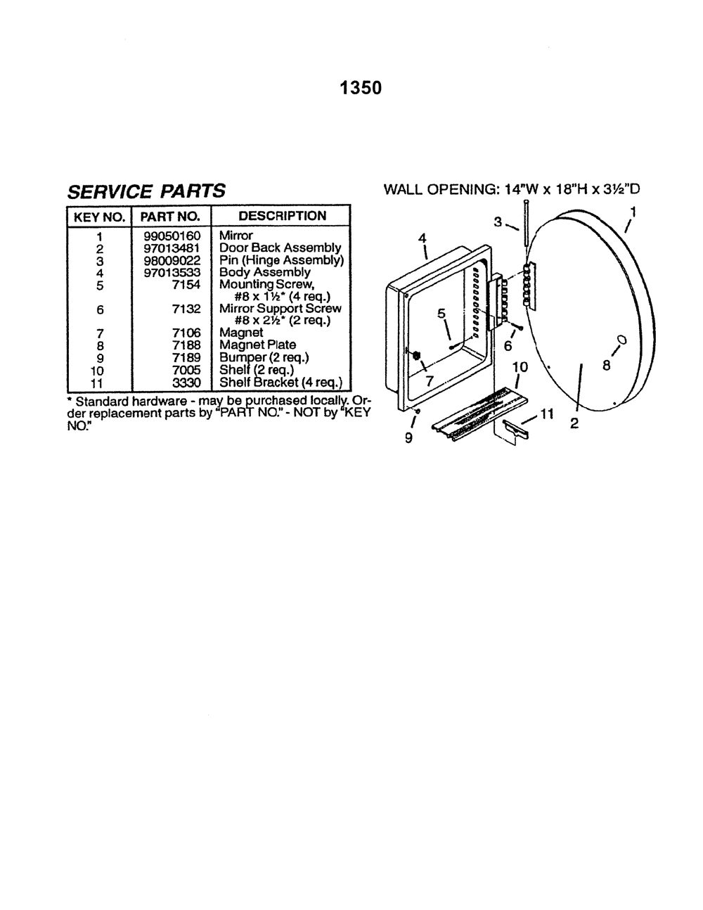 NuTone 1350 Single-Door Recessed Cabinet Parts breakout large